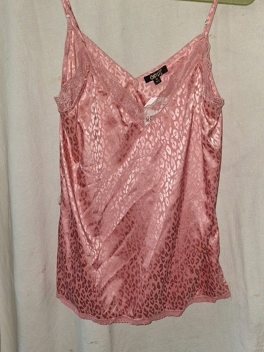 ODDY Pink Satin Leopard Jacquard Lace-Trim Camisole